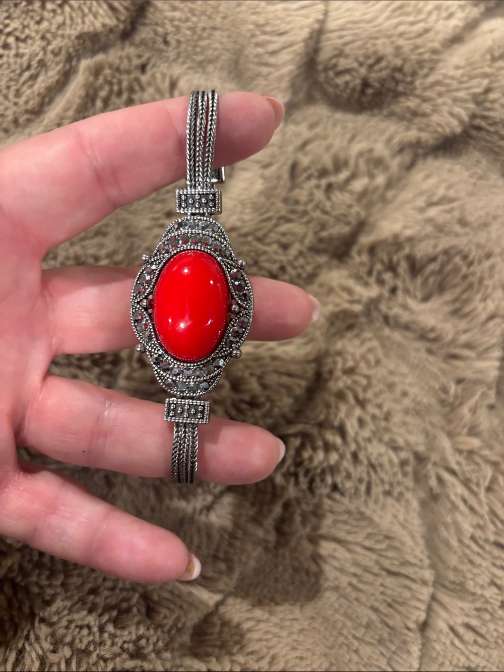 Silver-Tone Bracelet with Red Cabochon Center